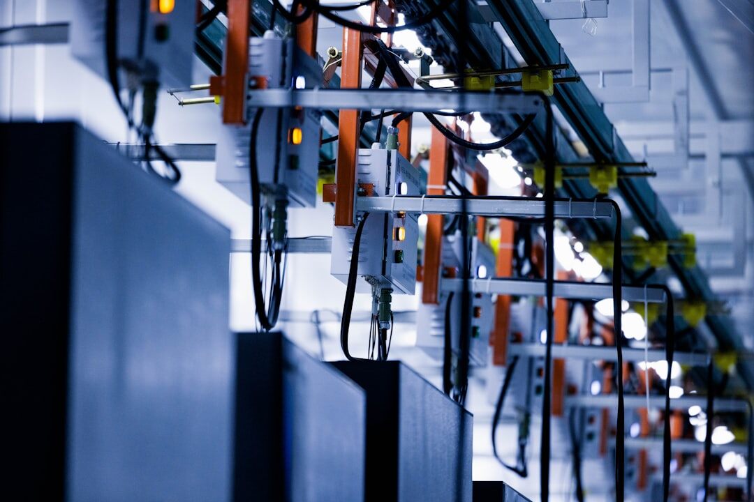 Rows of server racks in a dark data center